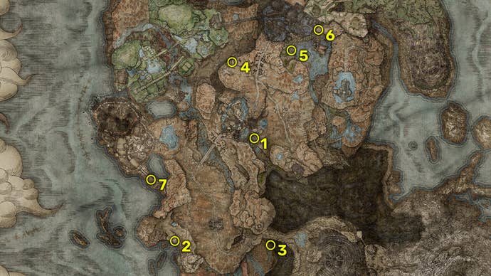 Elden Ring: Shadow Of The Erdtree Map showing the locations of all Forager Brood Cookbooks in the game.