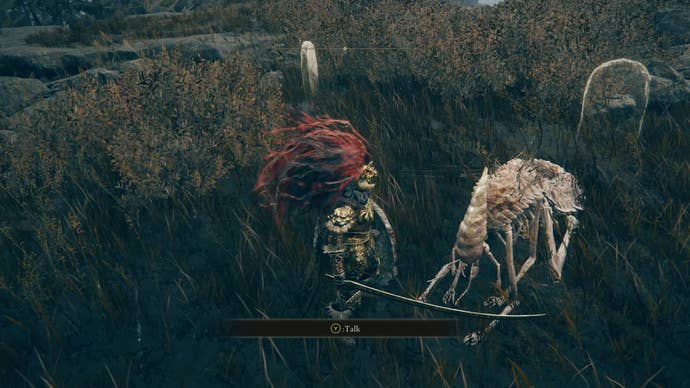 A warrior approaches a Forager Brood creature in Elden Ring Shadow of the Erdtree