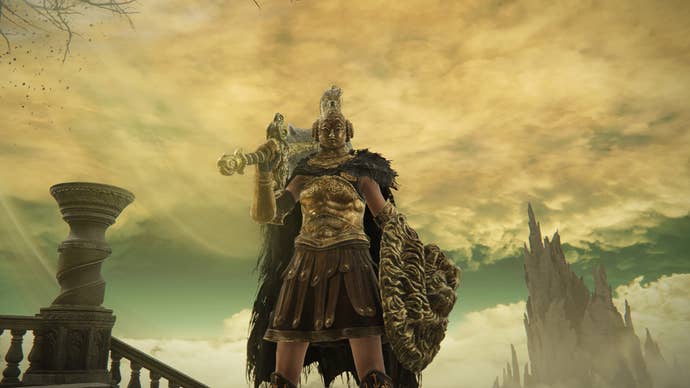 Elden Ring: Shadow Of The Erdtree screenshot of the Tarnished wearing Redmane Freyja’s armor set in Enir-Ilim.