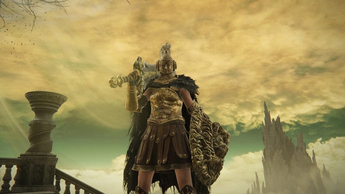 Elden Ring: Shadow Of The Erdtree screenshot of the Tarnished wearing Redmane Freyja’s armor set in Enir-Ilim.