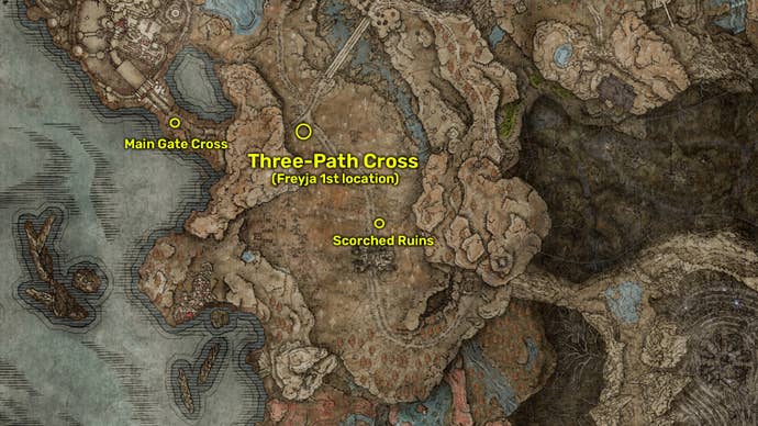 Elden Ring: Shadow Of The Erdtree map image showing Freyja’s initial location in the DLC.