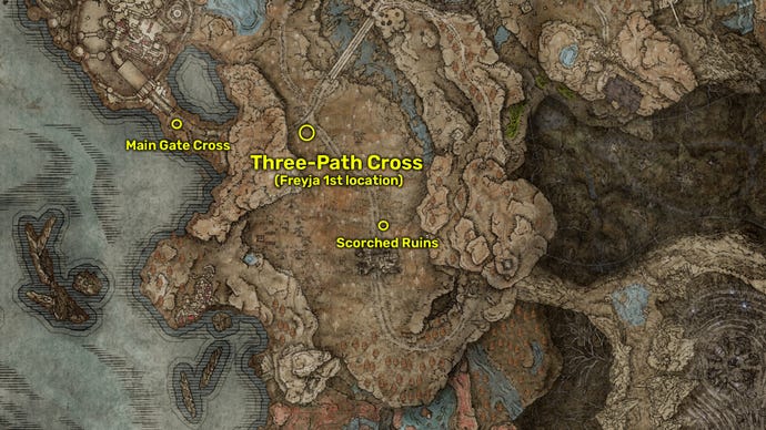 Elden Ring: Shadow Of The Erdtree map image showing Freyja’s initial location in the DLC.