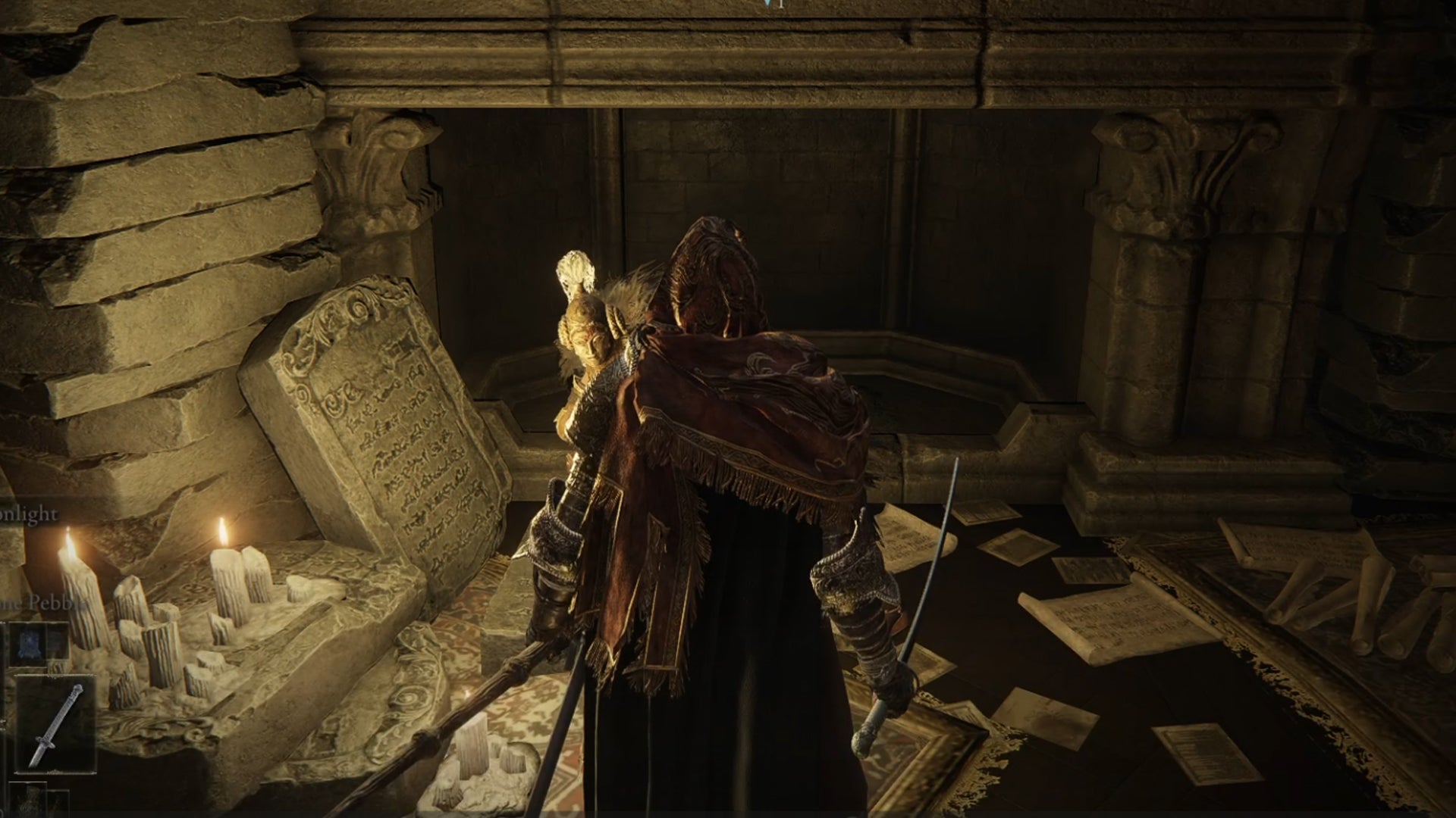 Elden Ring: Shadow Of The Erdtree screenshot of Redmane Freyja crouched next to a tablet within the Specimen Storehouse, in the Shadow Keep. - 6