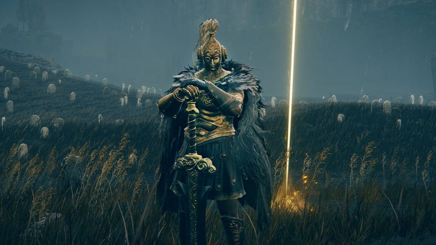 Elden Ring: Shadow Of The Erdtree screenshot of Redmane Freyja standing next to one of Miquella’s Crosses.