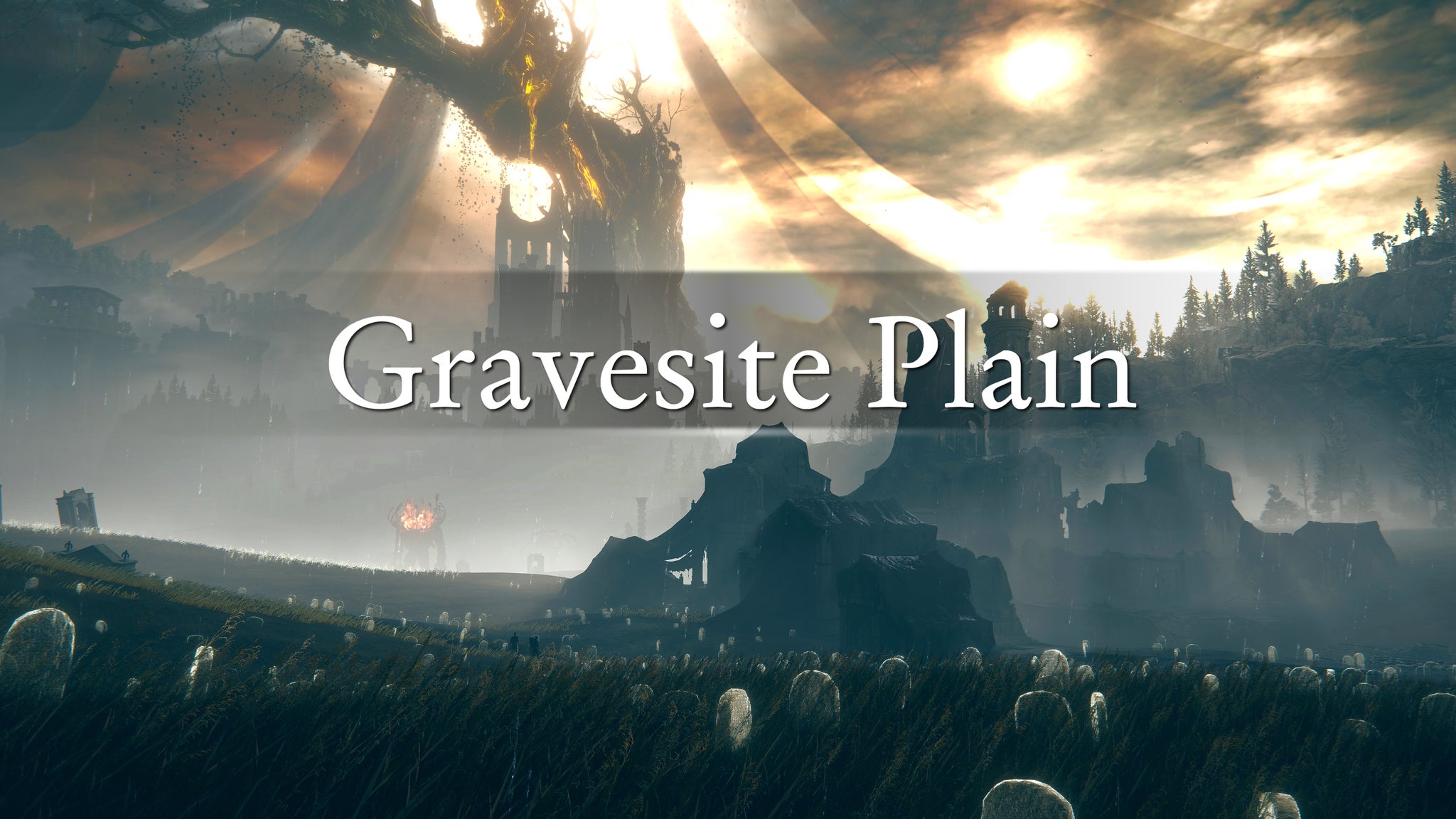 An establishing shot of the region of the Gravesite Plain in Elden Ring: Shadow Of The Erdtree, with the region's name emblazoned across the screenshot. - 4