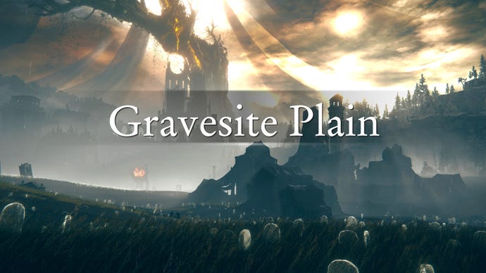 An establishing shot of the region of the Gravesite Plain in Elden Ring: Shadow Of The Erdtree, with the region's name emblazoned across the screenshot.