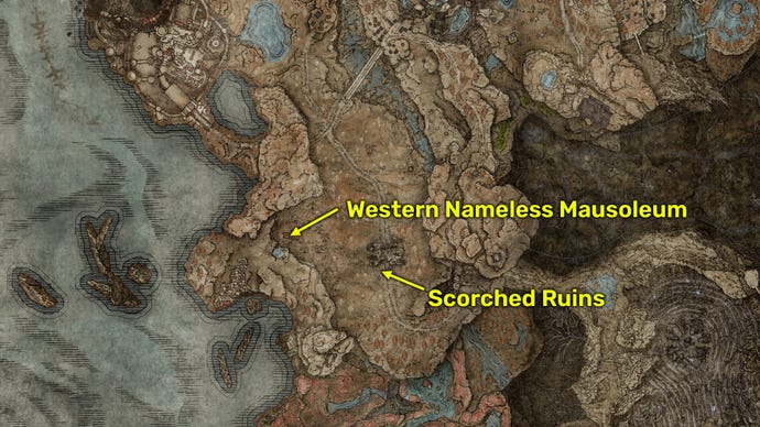 Elden Ring: Shadow Of The Erdtree screenshot of the Greatsword of Solitude and Western Nameless Mausoleum map location.