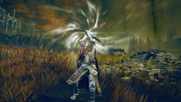 Elden Ring: Shadow Of The Erdtree screenshot of the Tarnished using the Greatsword of Solitude Weapon Skill near the Moorth Ruins.