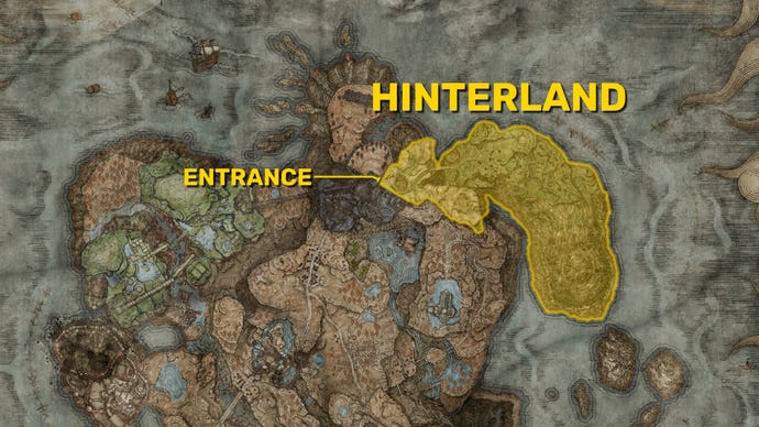 The northern half of the Shadow Of The Erdtree map in Elden Ring, with the location of the Hinterland region and its entrance marked in yellow.