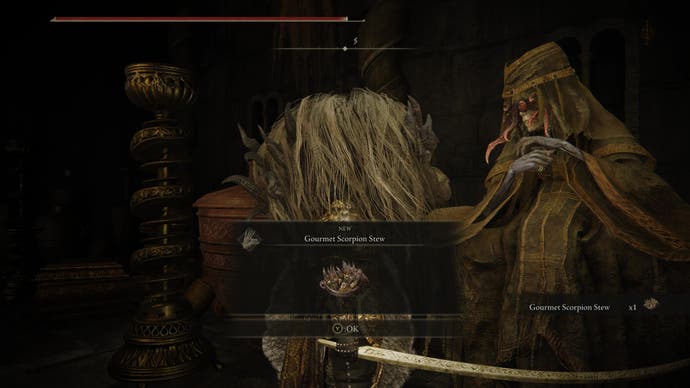 The Hornsent Grandam rewards a warrior wearing a lion head with Gourmet Scorpion Stew in Elden Ring Shadow of the Erdtree.