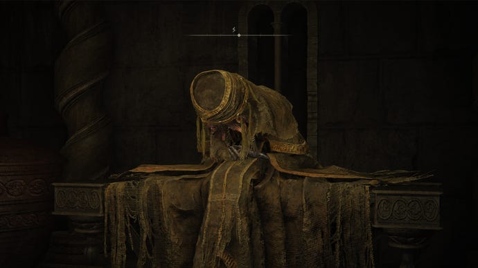 Elden Ring: Shadow Of The Erdtree screenshot of the Hornsent Grandam NPC sleeping on an altar.