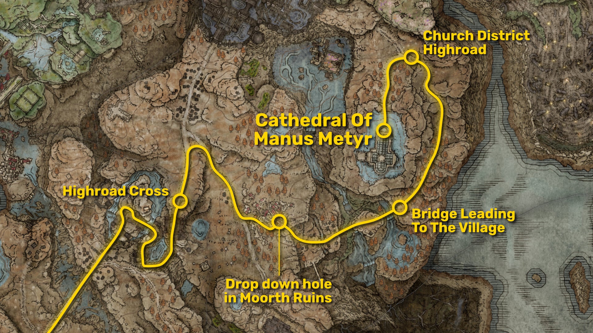 Part of the map of Elden Ring: Shadow Of The Erdtree focused on Scadu Altus, with the path from Castle Ensis to the Cathedral of Manus Metyr marked in yellow. - 3