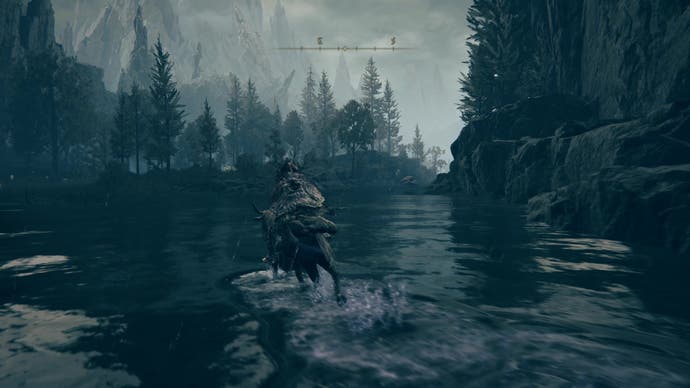 A warrior rides across a shallow river on the way to the Cerulean Coast in Elden Ring Shadow of the Erdtree.