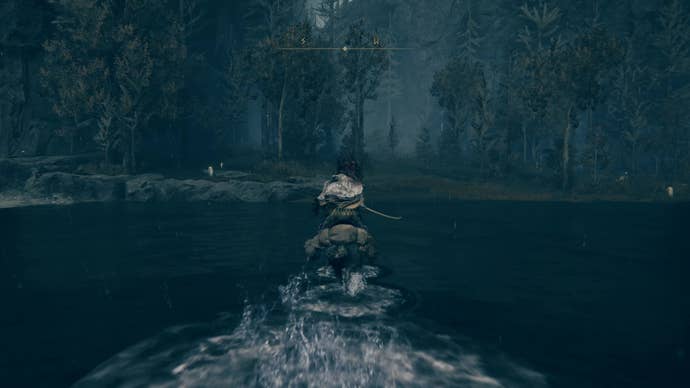 A warrior rides straight across a shallow river on the way to the Cerulean Coast in Elden Ring Shadow of the Erdtree.