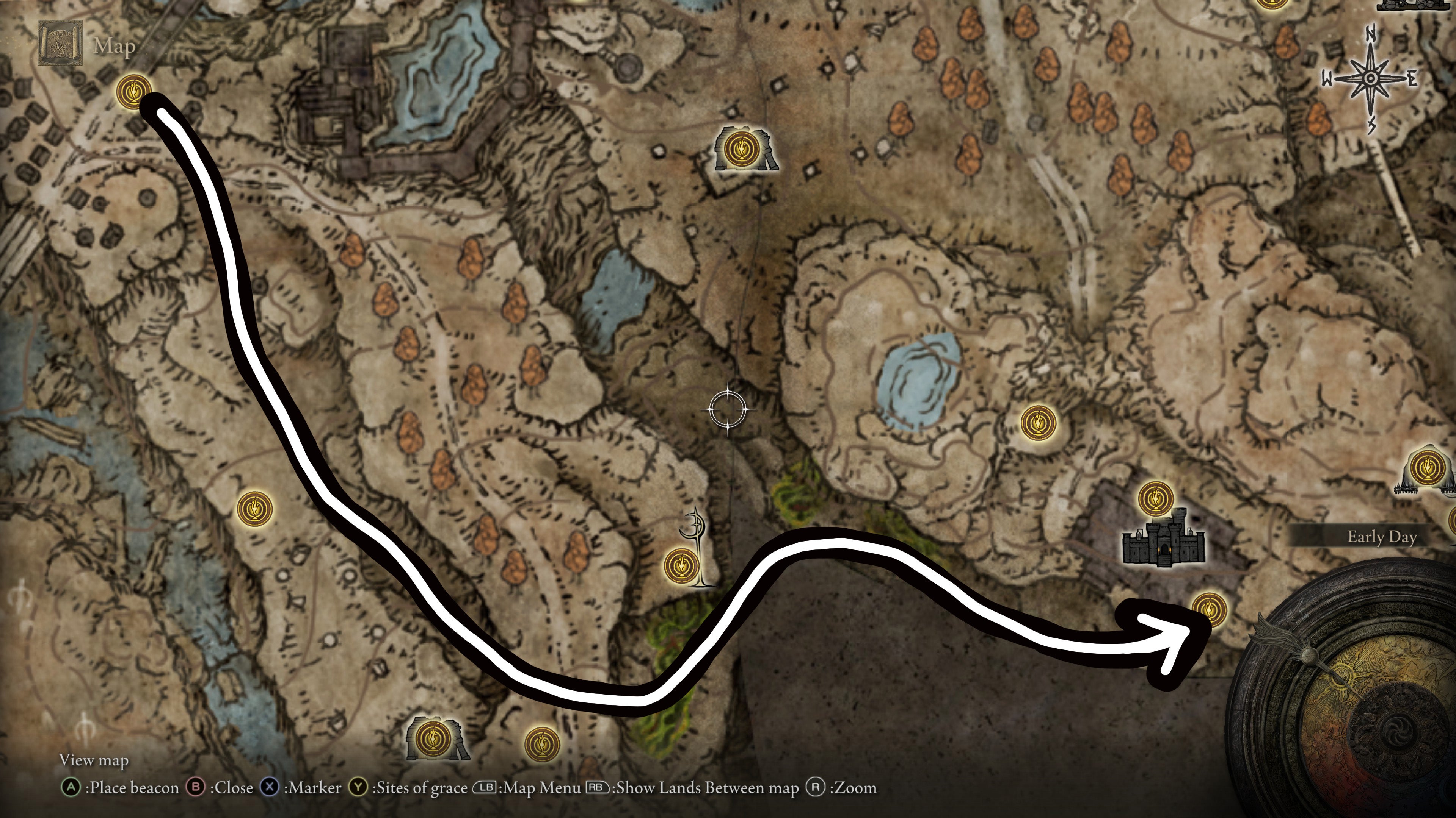 A map screen from Shadow of the Erdtree showing an arrow pointing to the route to get into Scadu Atlus and skip Castle Ensis.