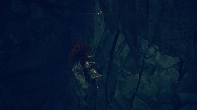A warrior’s horse is half stuck in a rockface as they travel toward the east side of the Shadow Keep in Elden Ring Shadow of the Erdtree.