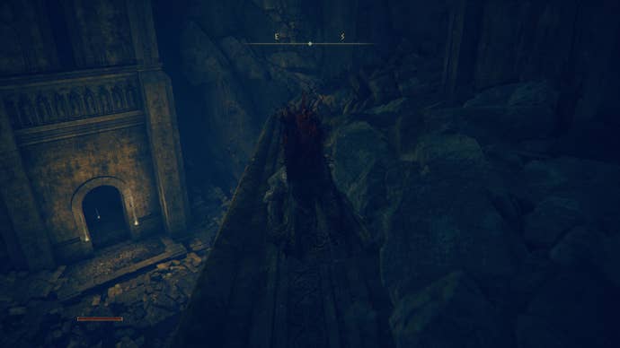 A warrior stands on a dark platform down a large hole as they travel toward the east side of the Shadow Keep in Elden Ring Shadow of the Erdtree.