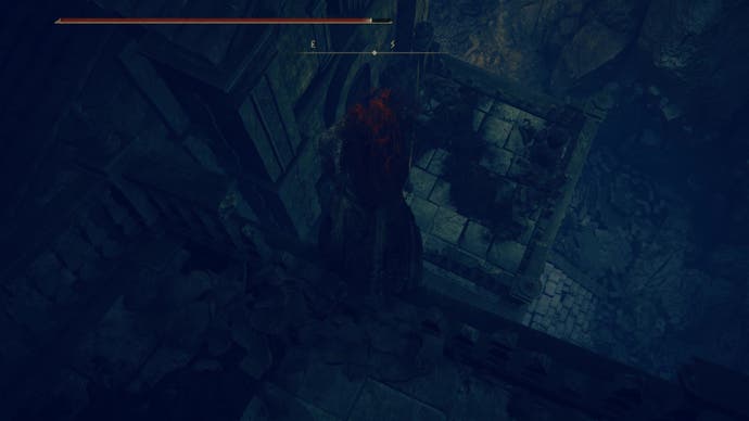A warrior drops down to a balcony ledge as they travel toward the east side of the Shadow Keep in Elden Ring Shadow of the Erdtree.