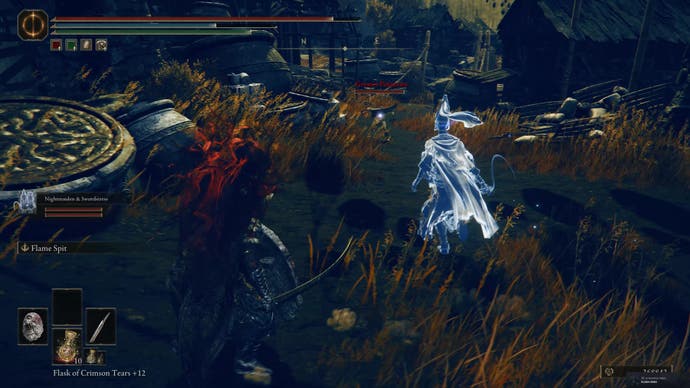 A warrior fights a Greater Potentate in Bonny Village as they travel toward the east side of the Shadow Keep in Elden Ring Shadow of the Erdtree.