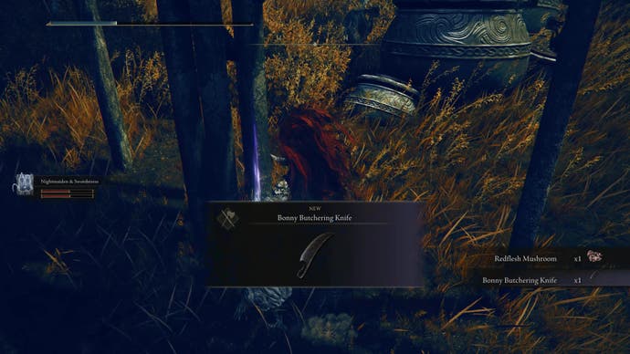 A warrior finds the Bonny Butchering Knife in Bonny Village as they travel toward the east side of the Shadow Keep in Elden Ring Shadow of the Erdtree.