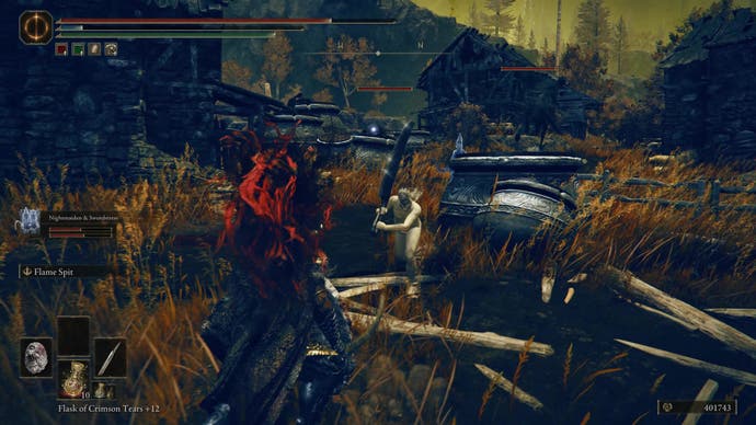 A warrior fights a Greater Potentate in Bonny Village as they travel toward the east side of the Shadow Keep in Elden Ring Shadow of the Erdtree.