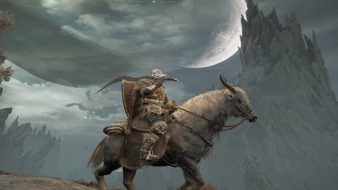 A Tarnished on Torrent framed against Jagged Peak and the Land of Shadow’s Twin Moons