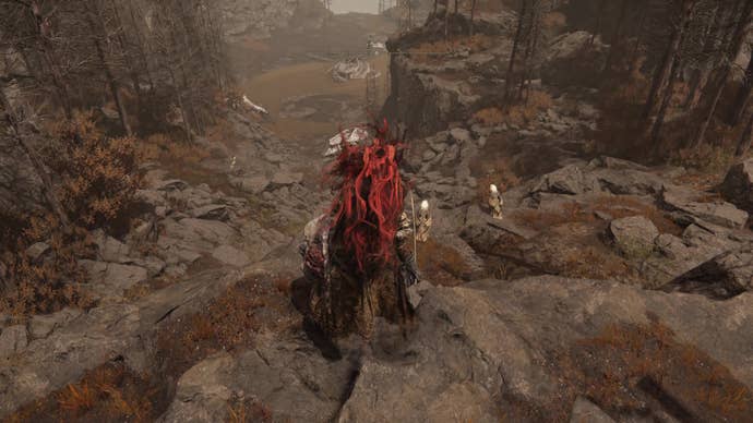 A warrior stands at the top of a hill with a large dragon down in the valley in Elden Ring Shadow of the Erdtree.