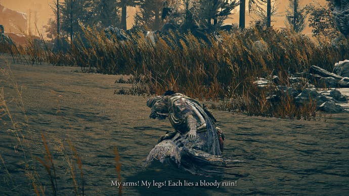 Elden Ring: Shadow Of The Erdtree screenshot of Igon, hunched over in pain.