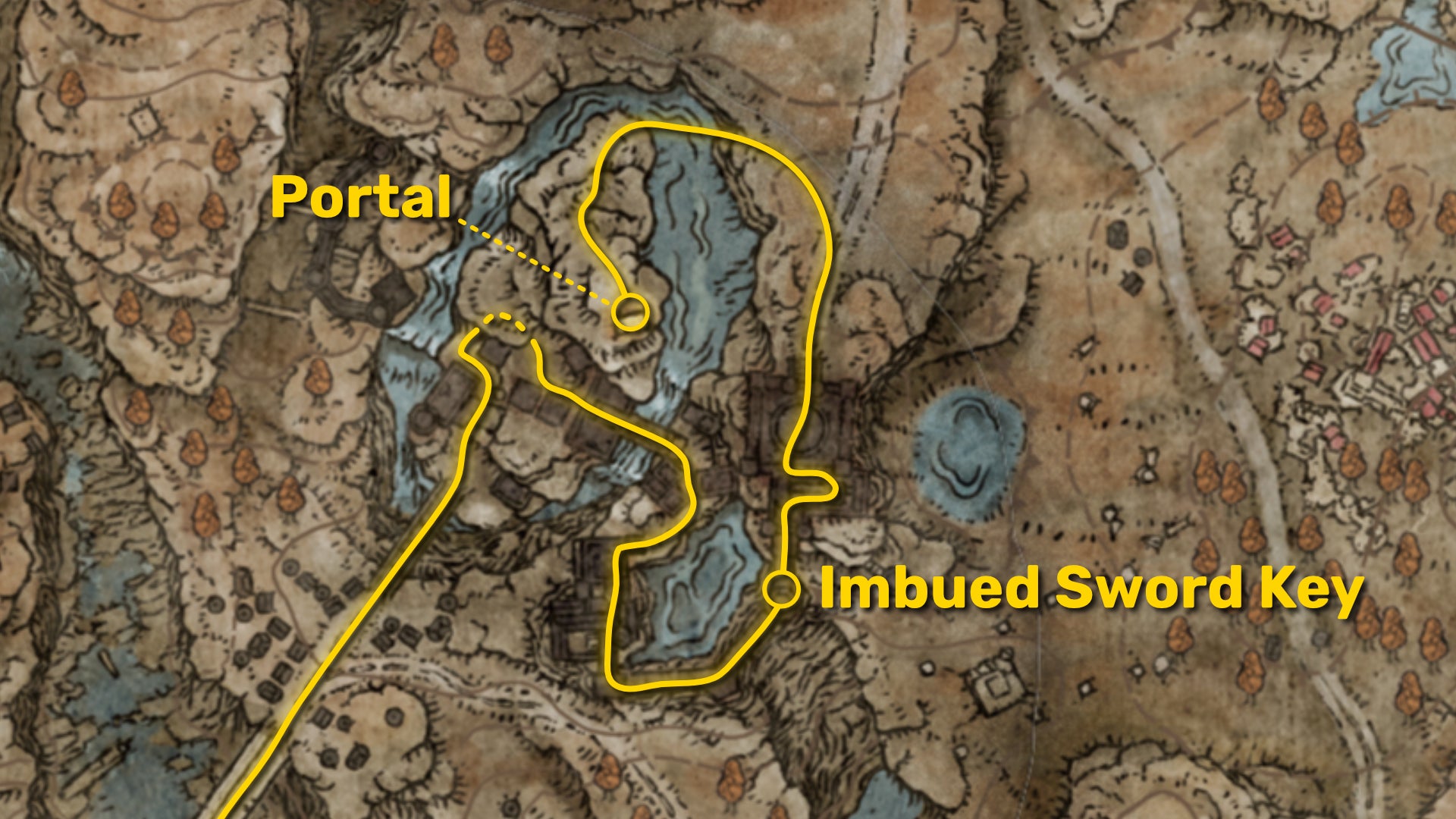 Part of the map of Elden Ring: Shadow Of The Erdtree centred around Castle Ensis, with the locations of the Imbued Sword Key and associated portal marked in yellow. - 10