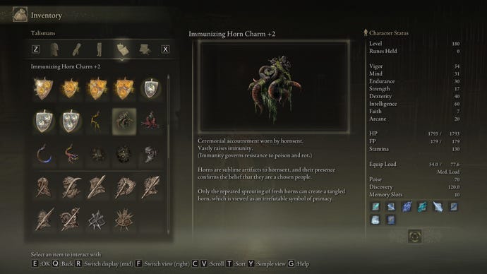 Elden Ring: Shadow Of The Erdtree screenshot of the item description for the Immunizing Horn Charm +2 Talisman.
