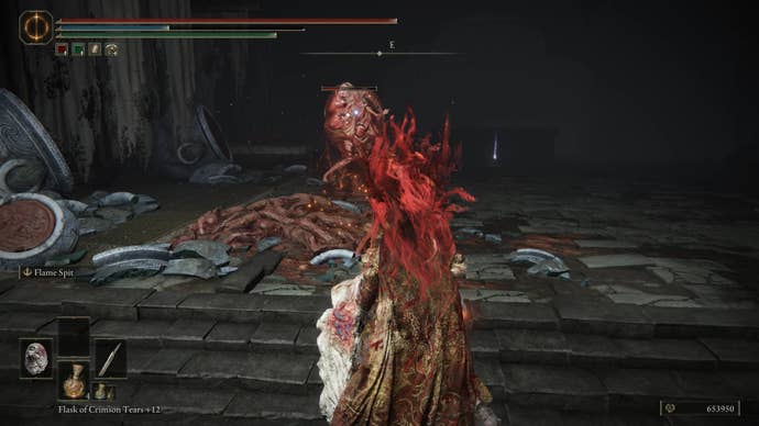 A warrior approaches a flesh monster on the way to find the Iris of Grace in the Shadow Keep of Elden Ring’s Shadow of the Erdtree DLC.