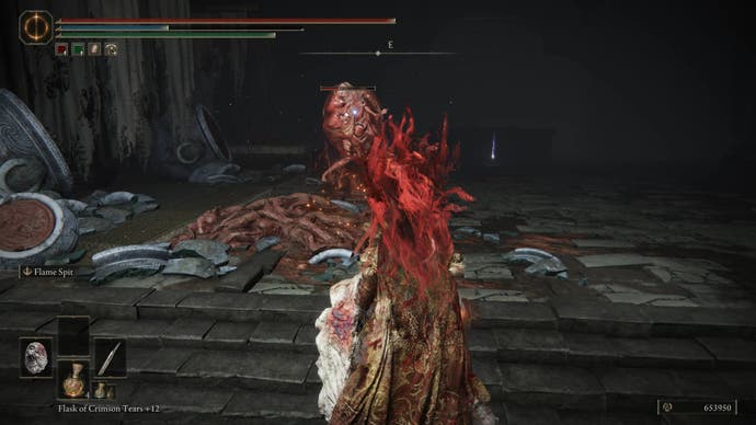 A warrior approaches a flesh monster on the way to find the Iris of Grace in the Shadow Keep of Elden Ring's Shadow of the Erdtree DLC.