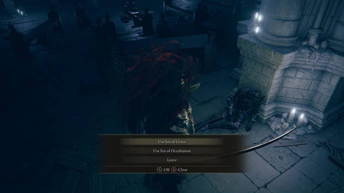 A warrior stands over Swordhand of the Night Jolan as they decide whether to offer them an Iris of Grace or Iris of Occultation in Elden Ring’s Shadow of the Erdtree DLC