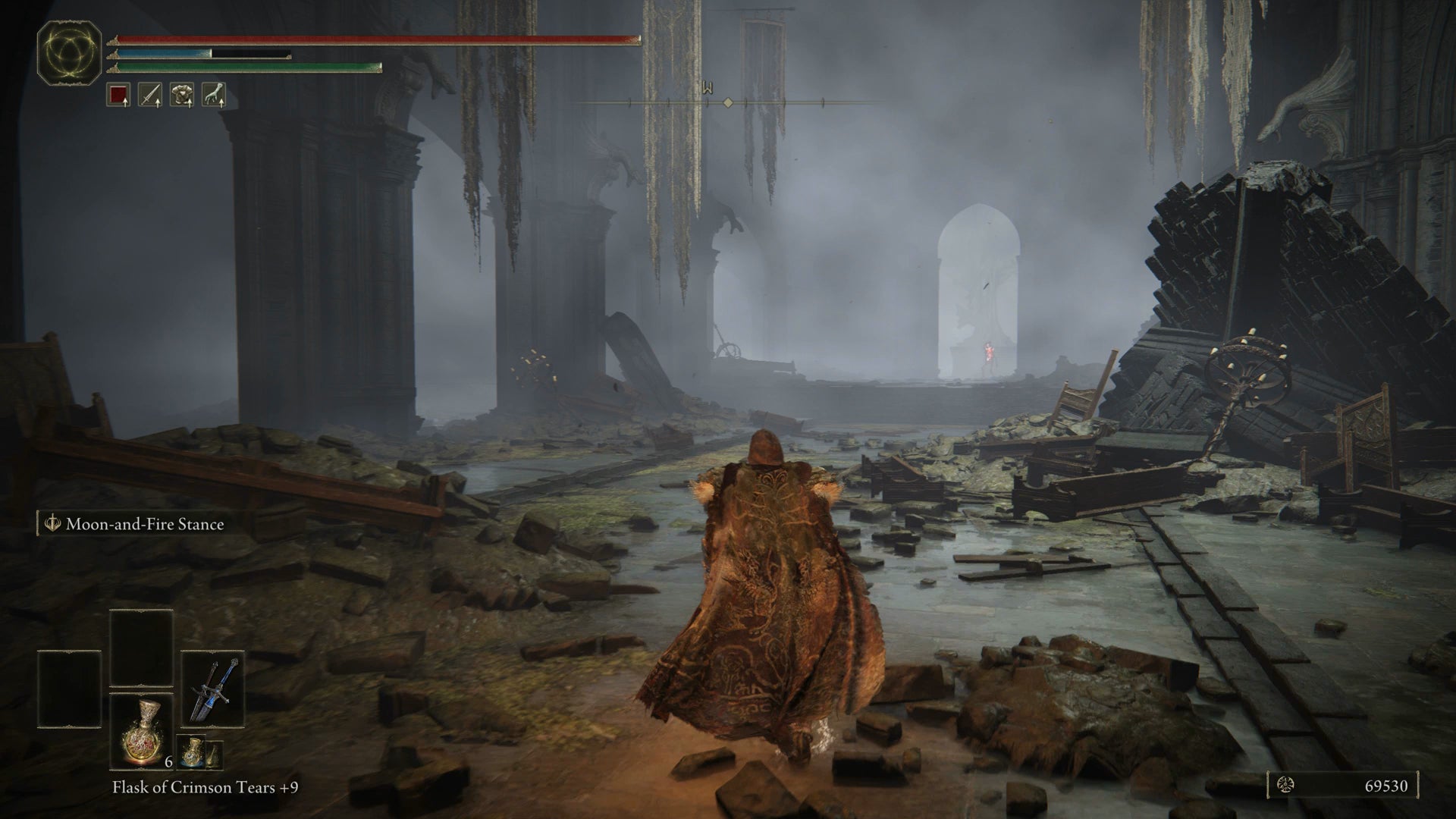 The Tarnished running through a waterlogged church to reach the Iris of Occultation in Elden Ring Shadow of the Erdtree. - 4