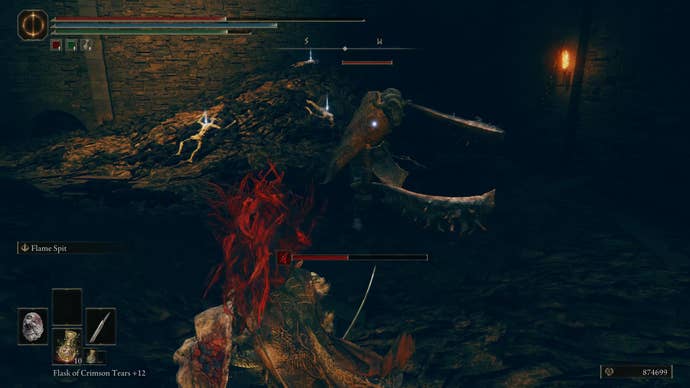 A warrior fights a large guard with two swords in the Fort of Reprimand on their way to collect an Iris of Occultation in Elden Ring Shadow of the Erdtree.