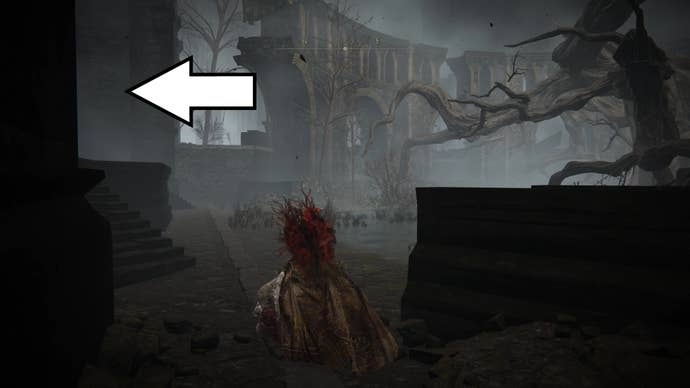 A warrior sneaks past a large tree monster to get inside a church on the way to locating an Iris of Occultation in the Shadow Keep in Elden Ring’s Shadow of the Erdtree DLC,