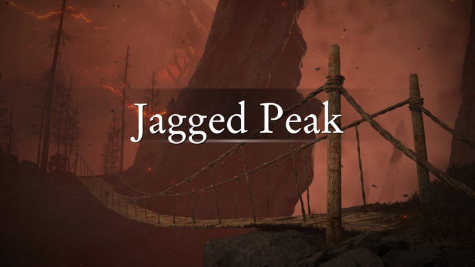 An establishing shot of the region of the Jagged Peak in Elden Ring: Shadow Of The Erdtree, with the region's name emblazoned across the screenshot.
