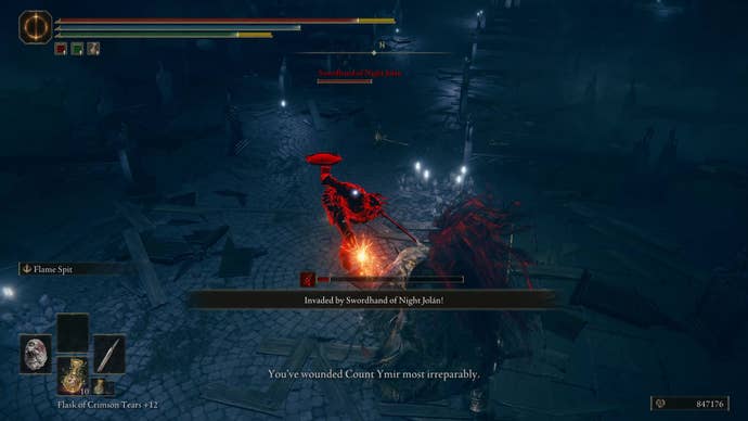 A warrior fights Swordhand of the Night Jolan in Elden Ring Shadow of the Erdtree.