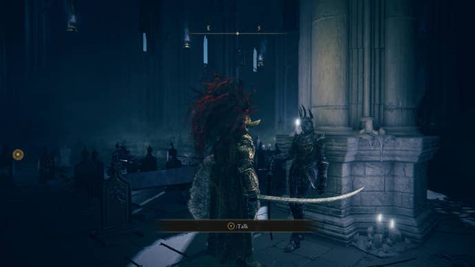 A warrior approaches Swordhand of Night Jolan inside a cathedral in Elden Ring Shadow of the Erdtree.