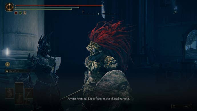 A warrior speaks with Swordhand of the Night Jolan in Elden Ring Shadow of the Erdtree.