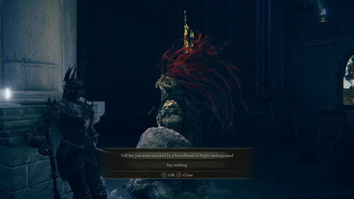 A warrior debates whether to tell Swordhand of Night Jolan about being attacked underground in Elden Ring Shadow of the Erdtree.