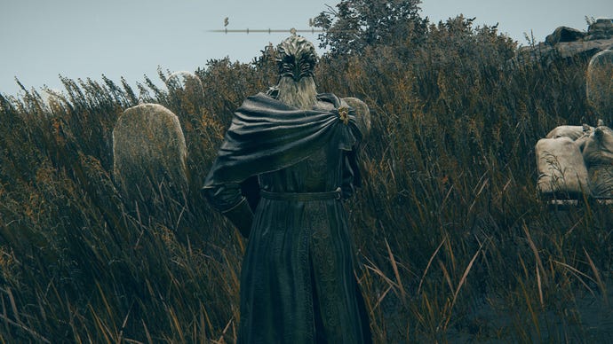Elden Ring: Shadow Of The Erdtree screenshot of Sir Ansbach, a retired Knight and follower of Mohg, standing in the Gravesite Plains Region of The Land of Shadow.