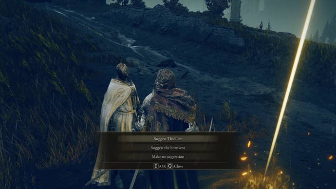 Elden Ring: Shadow Of The Erdtree screenshot of the NPC Leda offering a choice of other NPCs to target via her questline.