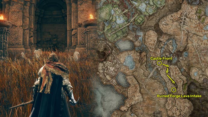 Outside view (left) and map image (right) of the Ruined Forge Lava Intake location in Elden Ring: Shadow Of The Erdtree.