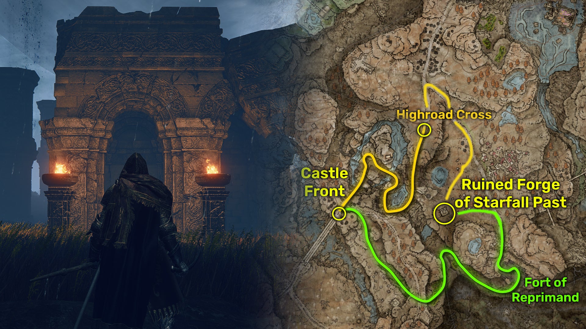 Outside view (left) and map image (right) of the Ruined Forge of Starfell Past location in Elden Ring: Shadow Of The Erdtree. - 9