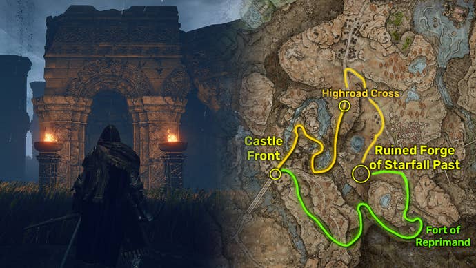 Outside view (left) and map image (right) of the Ruined Forge of Starfell Past location in Elden Ring: Shadow Of The Erdtree.
