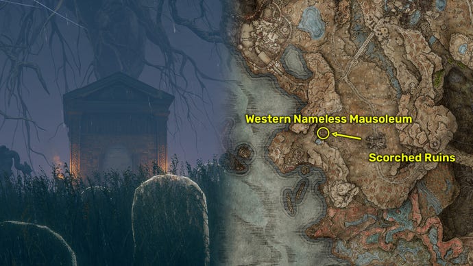 Outside view (left) and map image (right) of the Western Nameless Mausoleum location in Elden Ring: Shadow Of The Erdtree.