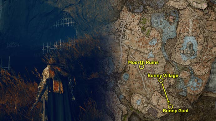 Outside view (left) and map image (right) of the Bonny Gaol location in Elden Ring: Shadow Of The Erdtree.