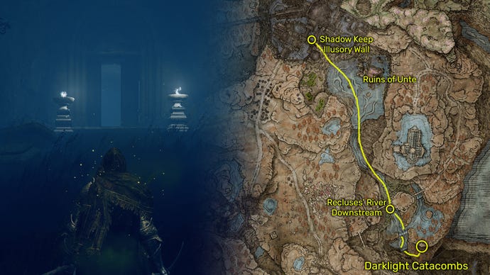 Outside view (left) and map image (right) of the Darklight Catacombs location in Elden Ring: Shadow Of The Erdtree.