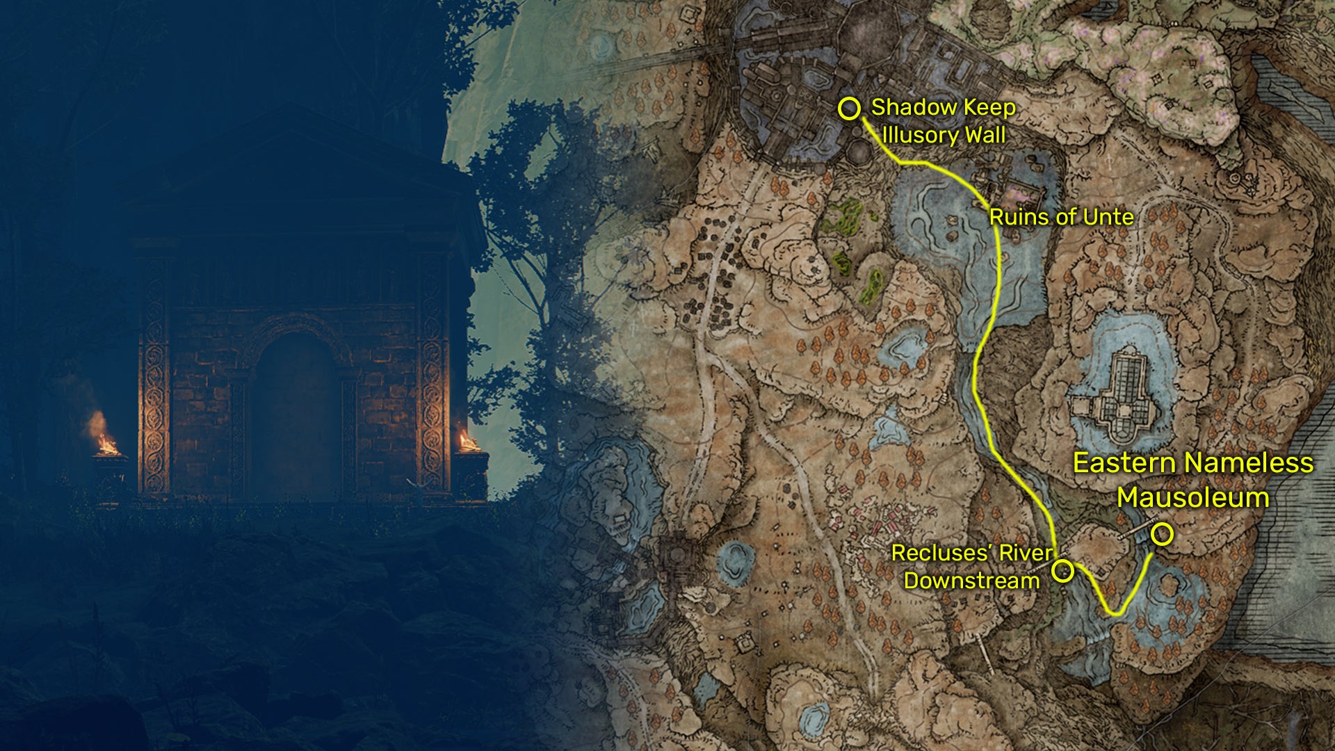 Outside view (left) and map image (right) of the Eastern Nameless Mausoleum location in Elden Ring: Shadow Of The Erdtree. - 17